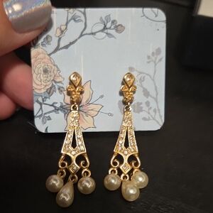 Gold and Pearl Floral Drop Earrings